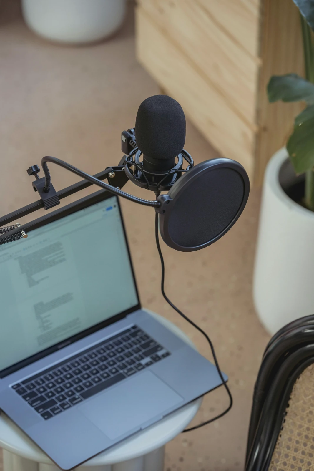 Podcast setup with laptop